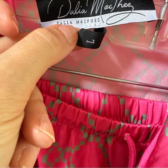 DALIA MACPHEE 2pc Satin Geo Print Pajama Top And Pants Set  in Pink and Green L - Picture 8 of 16